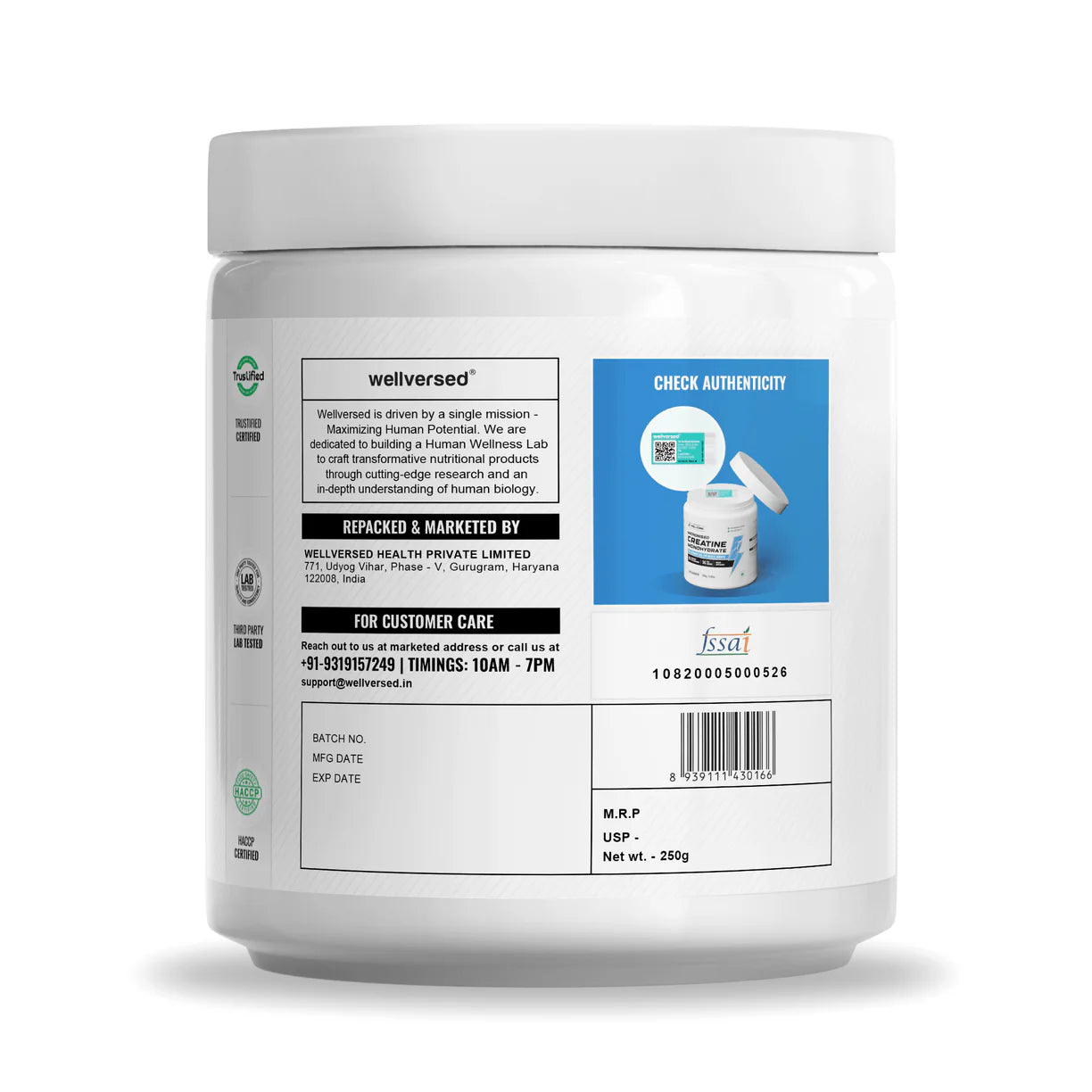 Wellcore Pure Micronised Creatine Monohydrate – Unflavoured (250g, 83 Servings) - Pinkbliss