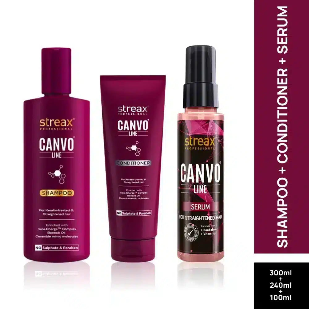 Streax Professional Canvoline Complete Hair Care Combo for Straightening Hair Pack Of 3 (300ml, 240ml,100ml)