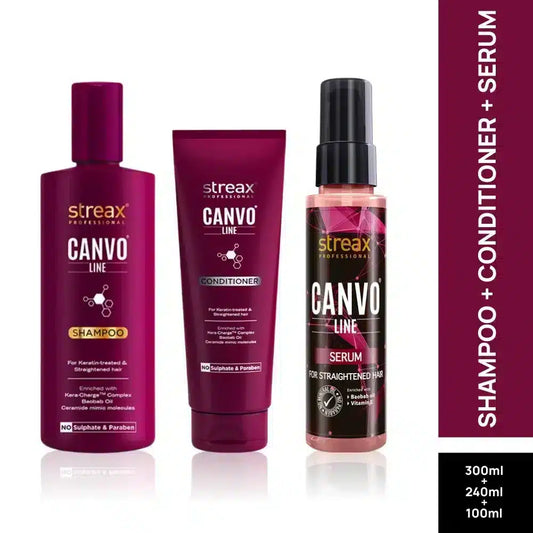 Streax Professional Canvoline Complete Hair Care Combo for Straightening Hair Pack Of 3 (300ml, 240ml,100ml)